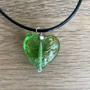 HAND CRAFTED GREEN HEART PENDANT CORD NECKLACE Black Cord Boho Charm Medallion